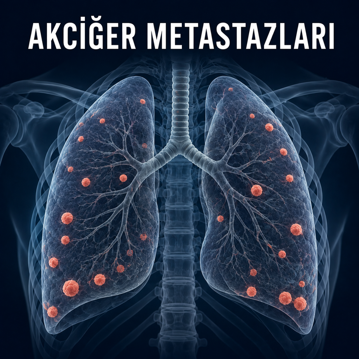 Akciğerlerde yayılmış kanser metastazlarını gösteren 3D tıbbi illüstrasyon